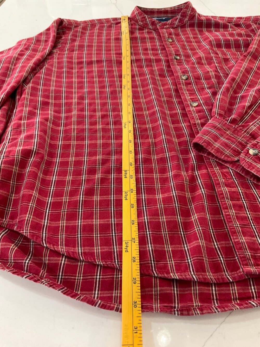 Wrangler Men’s XL Red Plaid Collarless Western Button Shirt - Picture 4 of 6